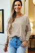 Ribbed Thermal Stripe Drop Shoulder Exposed Seam Patchwork Long Sleeve Top